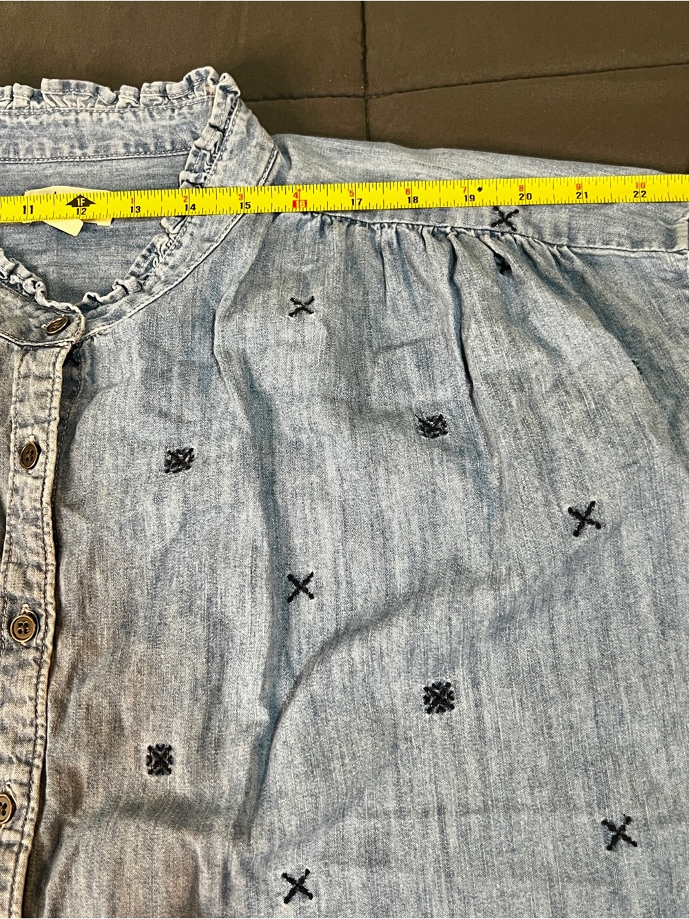 Style&Co Wms Blue Chambray Cotton Embroidered Retro Boho Ruffle Peasant Top XL - Picture 12 of 15